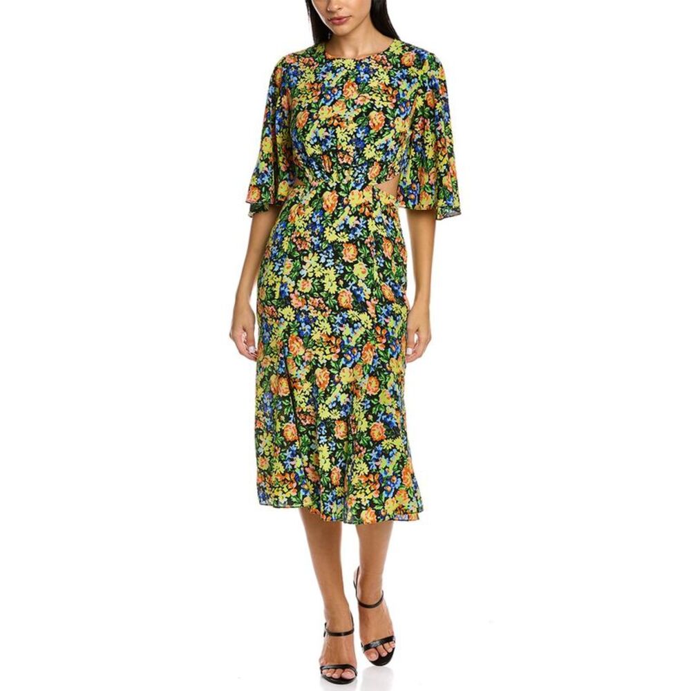 Les Rêveries Womens  Flutter Sleeve Silk Wrap Dress, Yellow